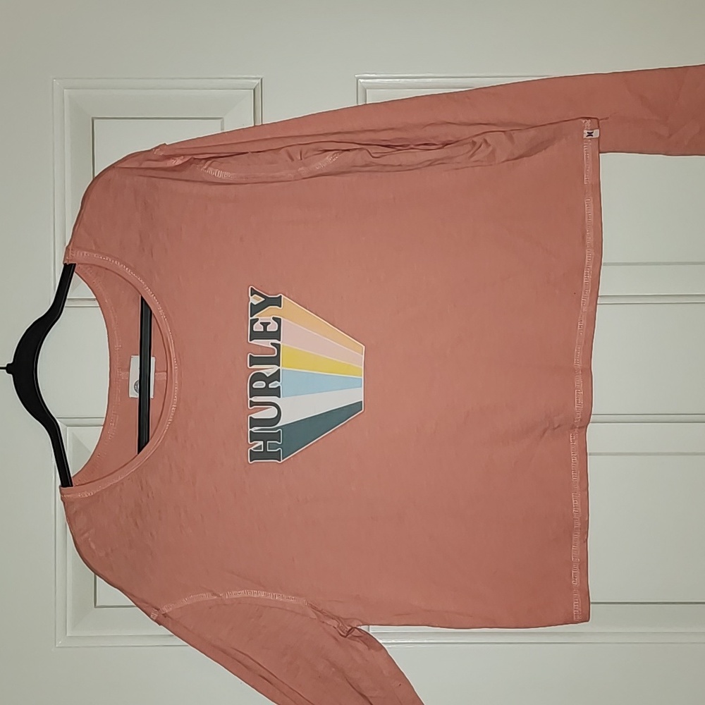 Hurley Women's Crop T-Shirt Pink Long Sleeve Crew Neck Logo Size Large